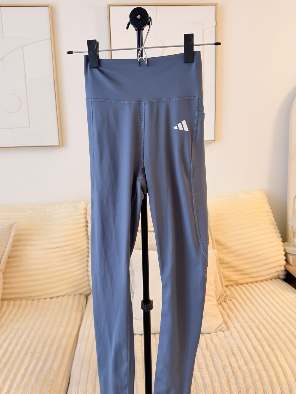 Adidas Women’s High Rise Tight Fit Leggings Gray Blue Side Pocket – Size S